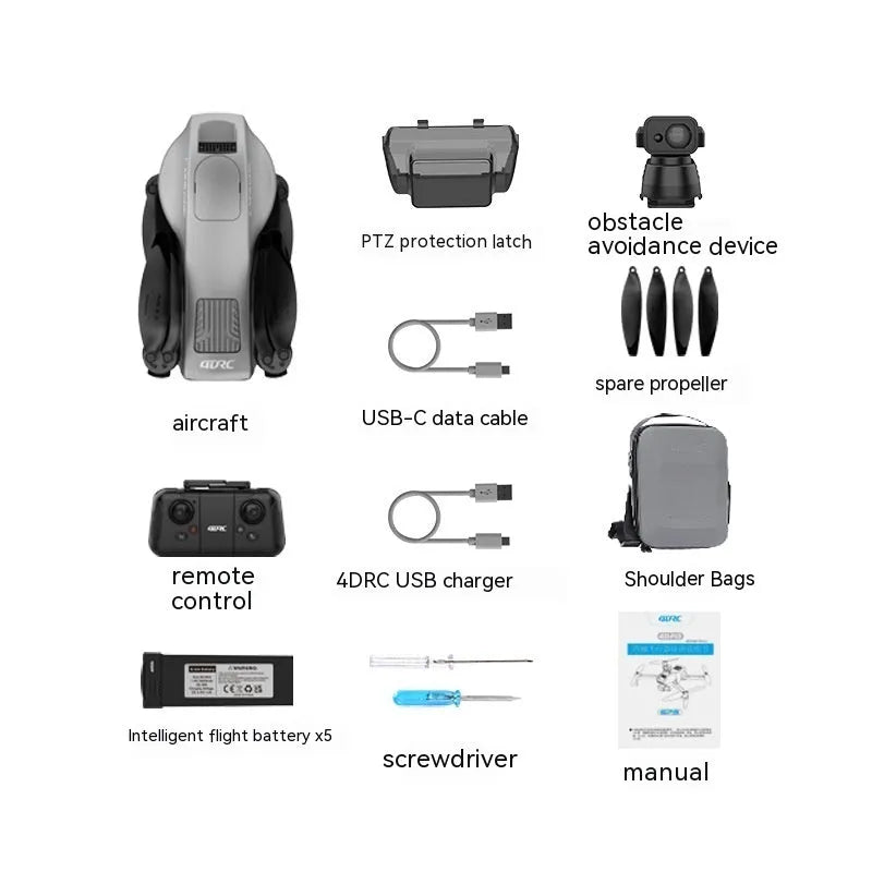 White folding quadcopter drone with camera, shown collapsed next to its remote control and shoulder bag.