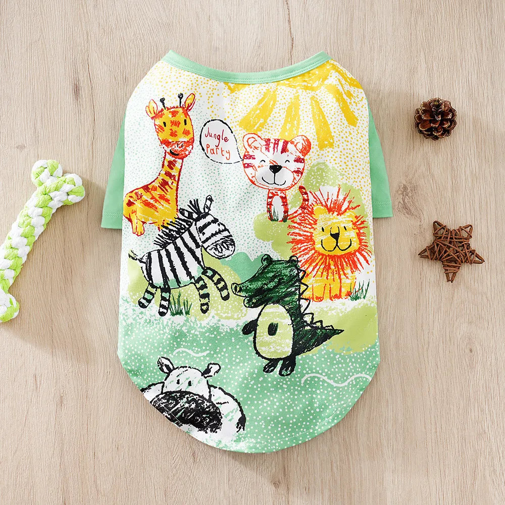 Colourful printed polyester t-shirt for a small dog showing casual spring and autumn pet clothing.