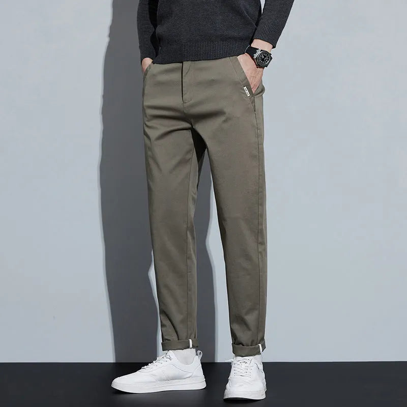 Combed cotton light business casual trousers for men in four colours with mid-rise elastic waist