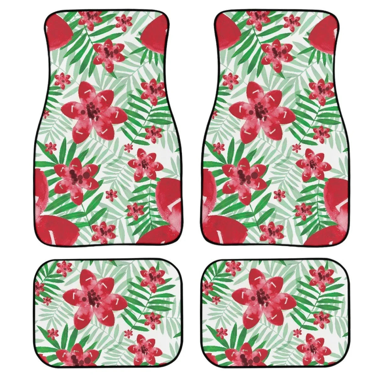 Four-piece set of black printed rubber car floor mats with a 20mm thickness and waterproof lining.