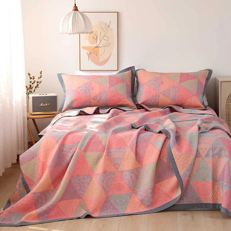Cotton gauze bed blanket and pillowcase set with botanical plant and flower pattern design