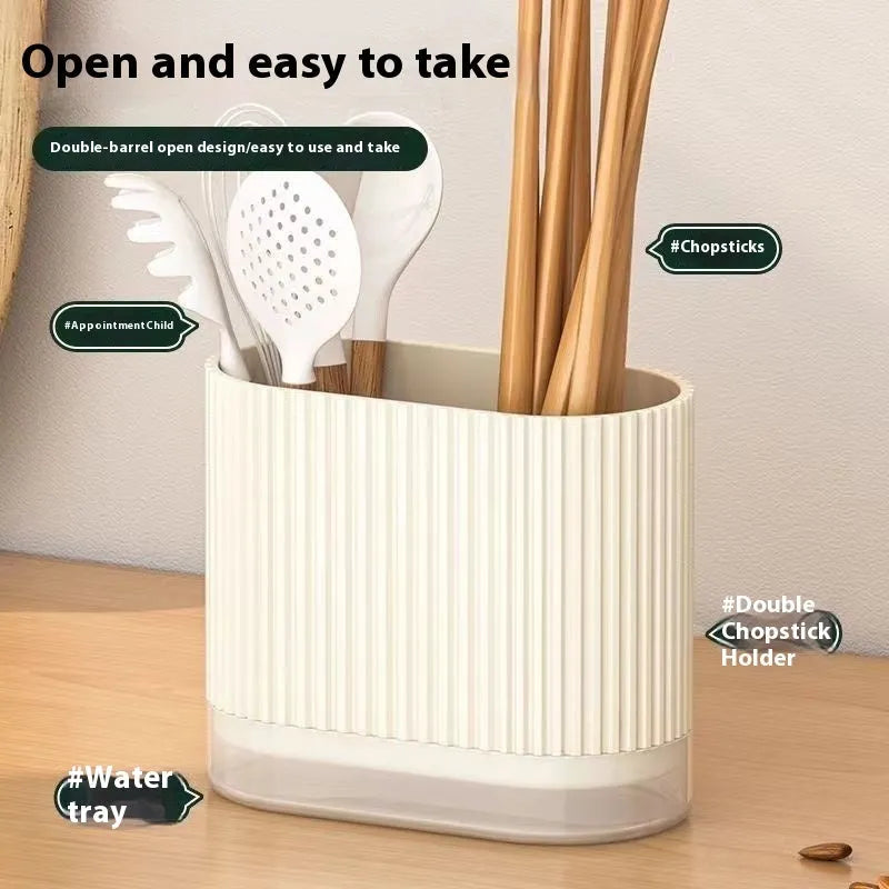 Beige plastic wall-mounted chopstick and spoon holder with cross-drainage tubes