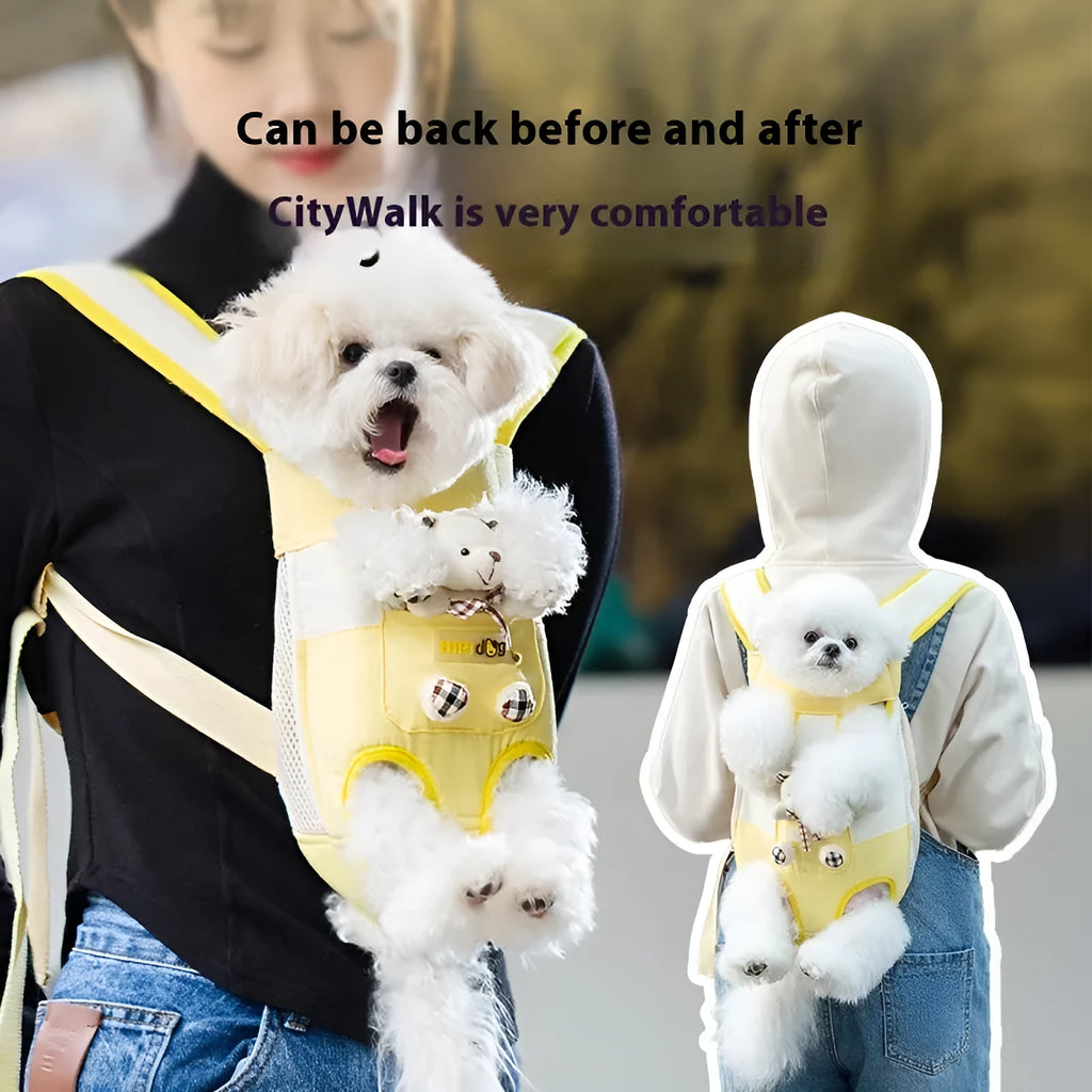 Cartoon animal pattern pet chest bag with adjustable ribbon straps in multiple colour variations