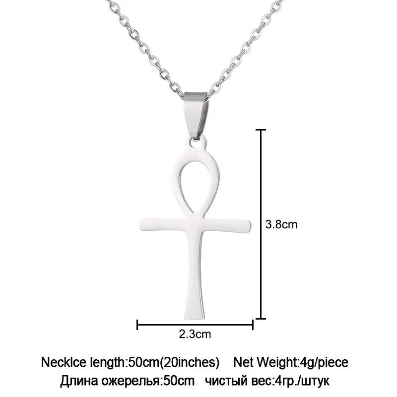 Stainless steel cross necklace on display showing O-shaped chain and pendant in steel colour finish
