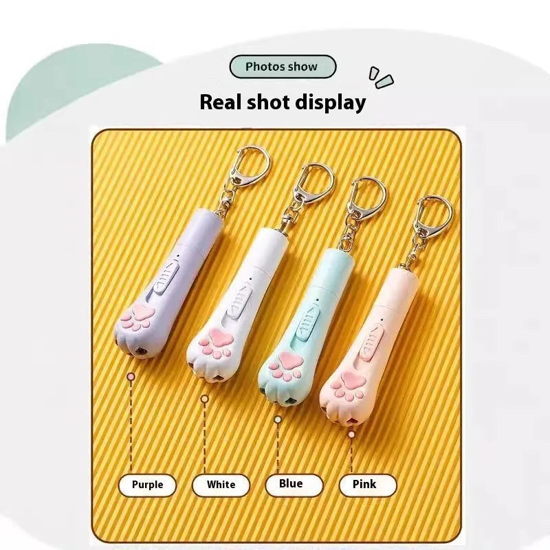 Rechargeable cat teaser pen light toy in pink, cream, and sky blue colours with Self-Hi button.