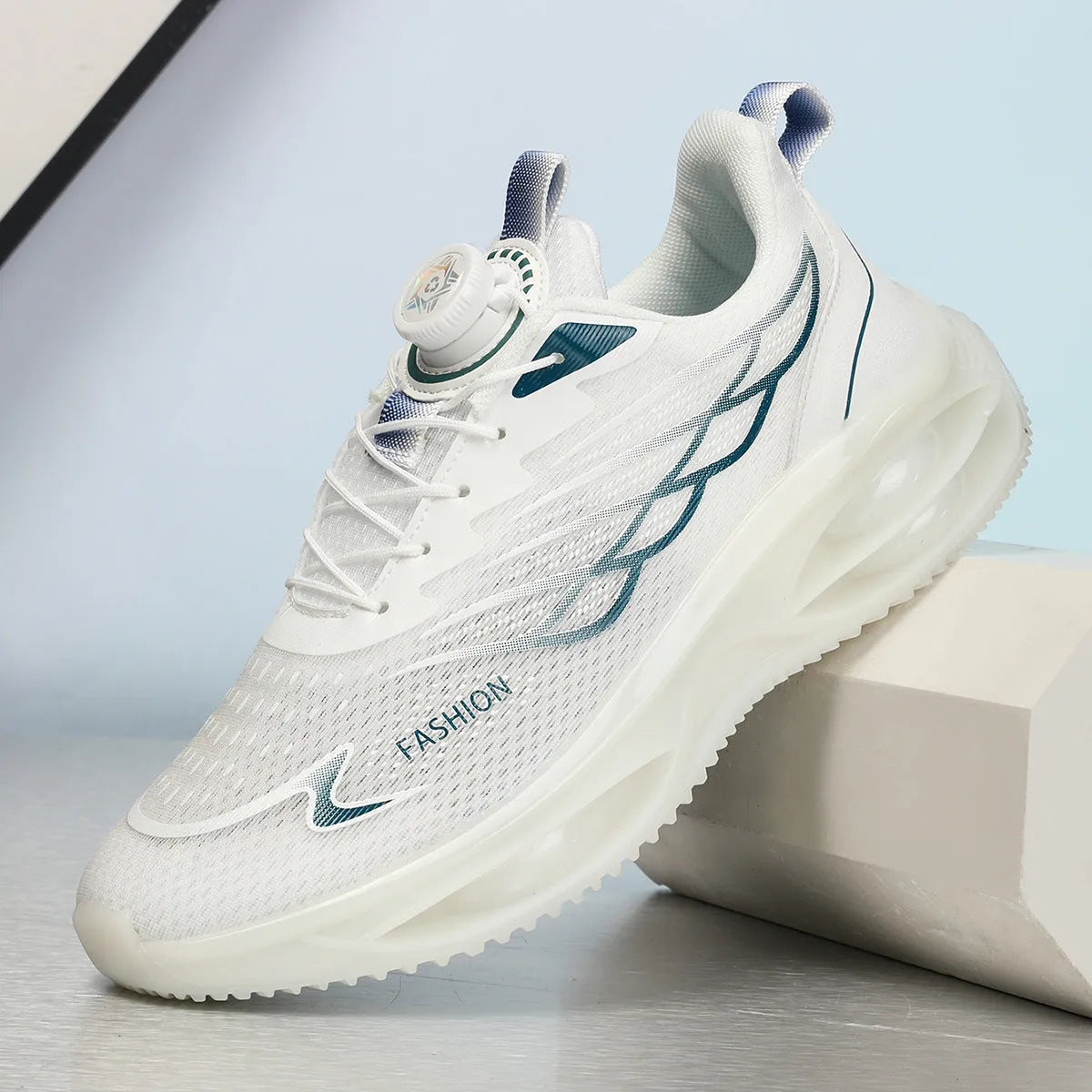 Breathable sky blue casual running trainers with mesh upper and rubber sole on a white background