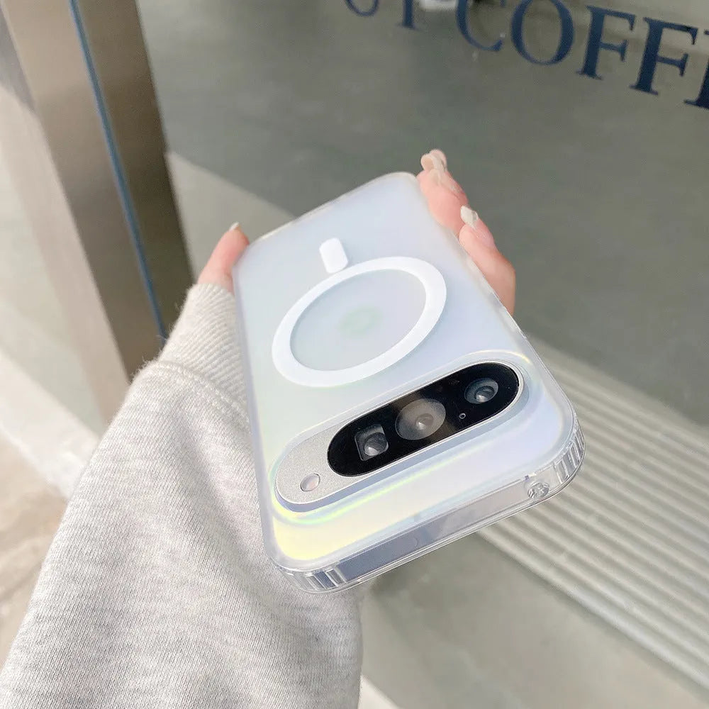 Laser patterned colourful transparent matte phone case for Google smartphones with magnetic feature.