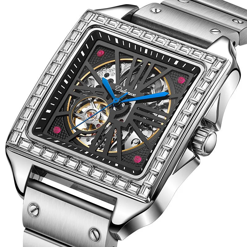 Men's square automatic watch with diamond-studded bezel on a stainless steel belt