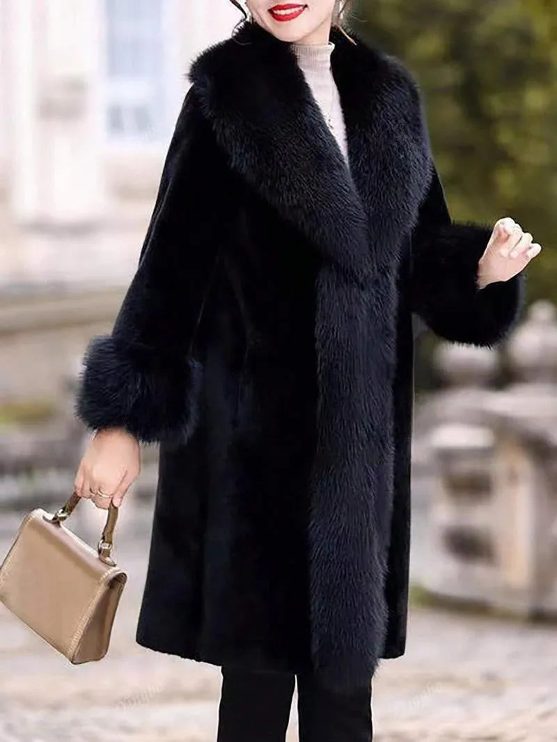 Women's thick grey faux rabbit fur and leather mid-length coat with artificial fur collar.