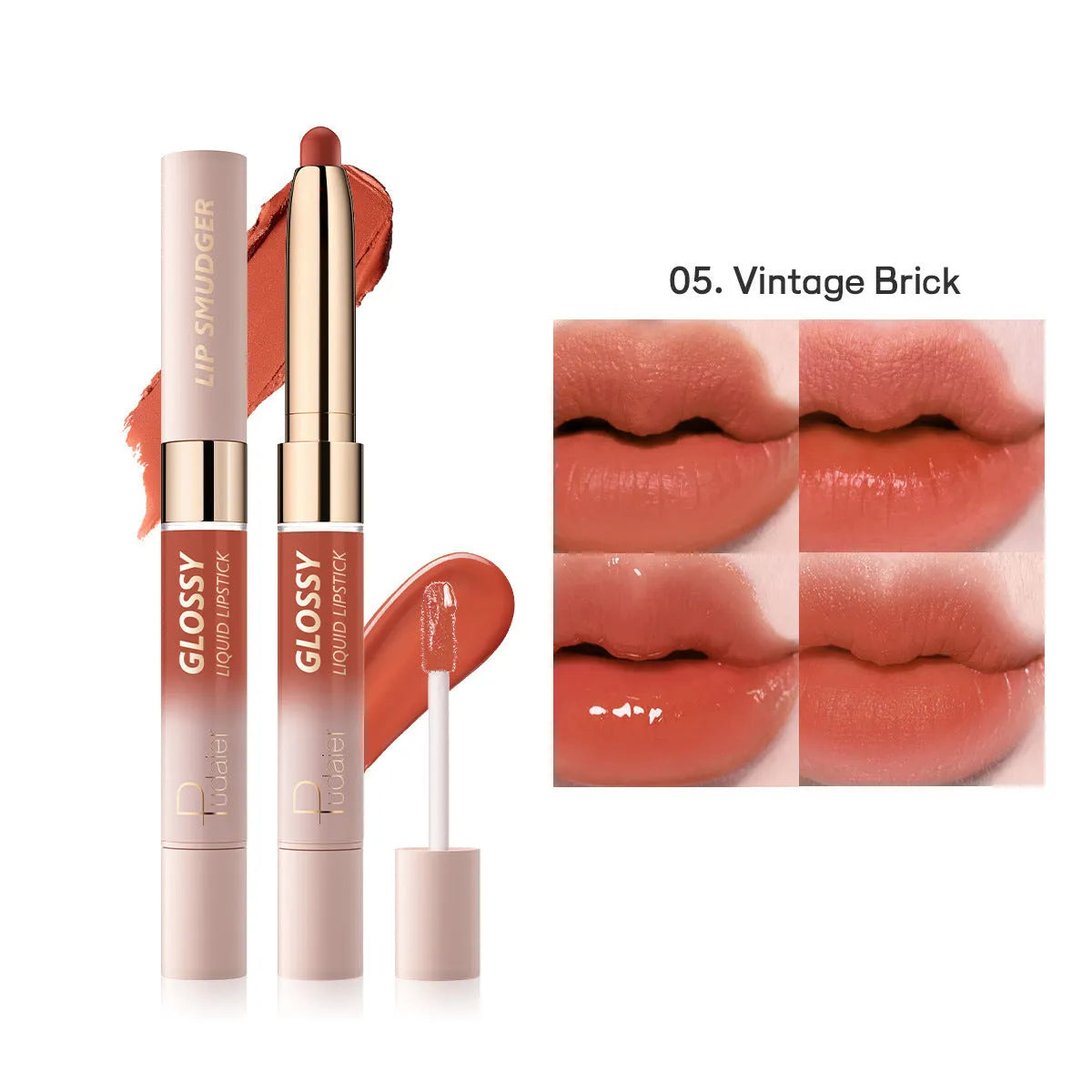 Double-headed lipstick lip gloss showing two matte colour ends with ten shade options from 01 to 10