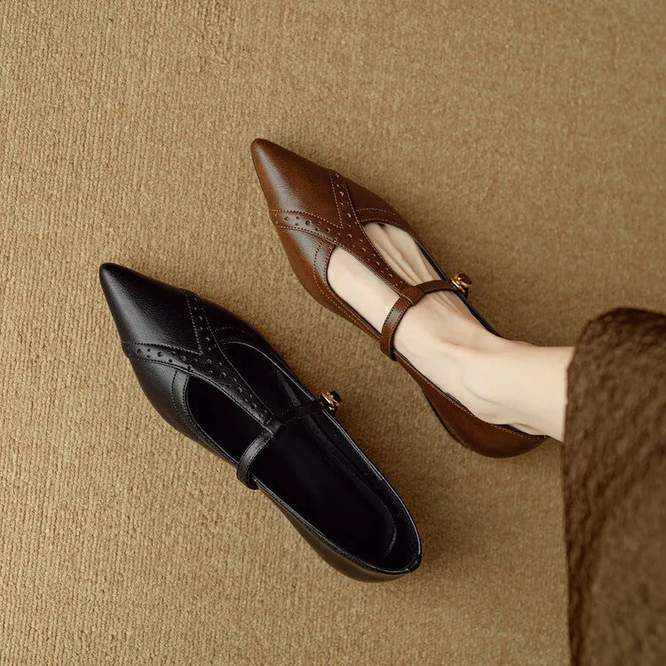 Brown women's pointed low-cut flat shoes with cowhide leather upper and a soft sole.