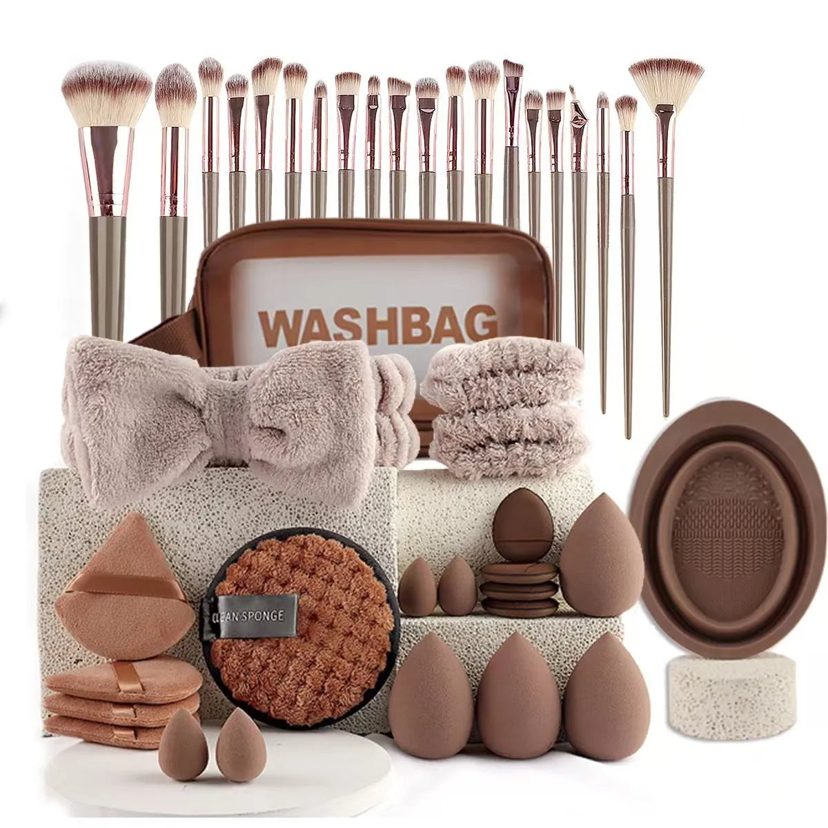 Professional makeup brush set with face wash tools in brown, pink, and purple colour options