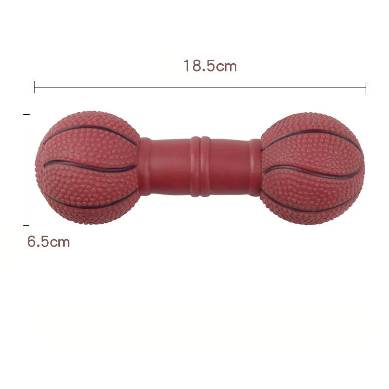 Brown, orange, white and yellow football dumbbell shaped squeaky dog chew toy.