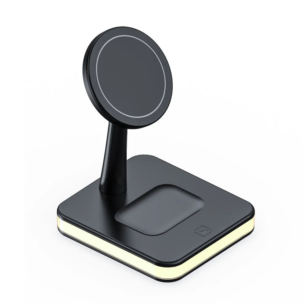 3-in-1 wireless charger magnetic bracket charging smartphone, watch, and earbuds on a desk