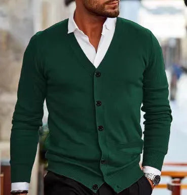 Men's slim fit acrylic cardigan sweater coat in dark gray colour showing long sleeve design