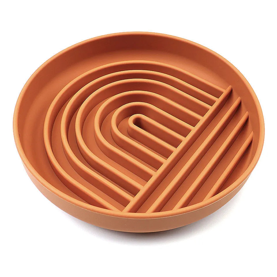 Silicone dog slow feeder bowl with ridges, shown in mustard green colour