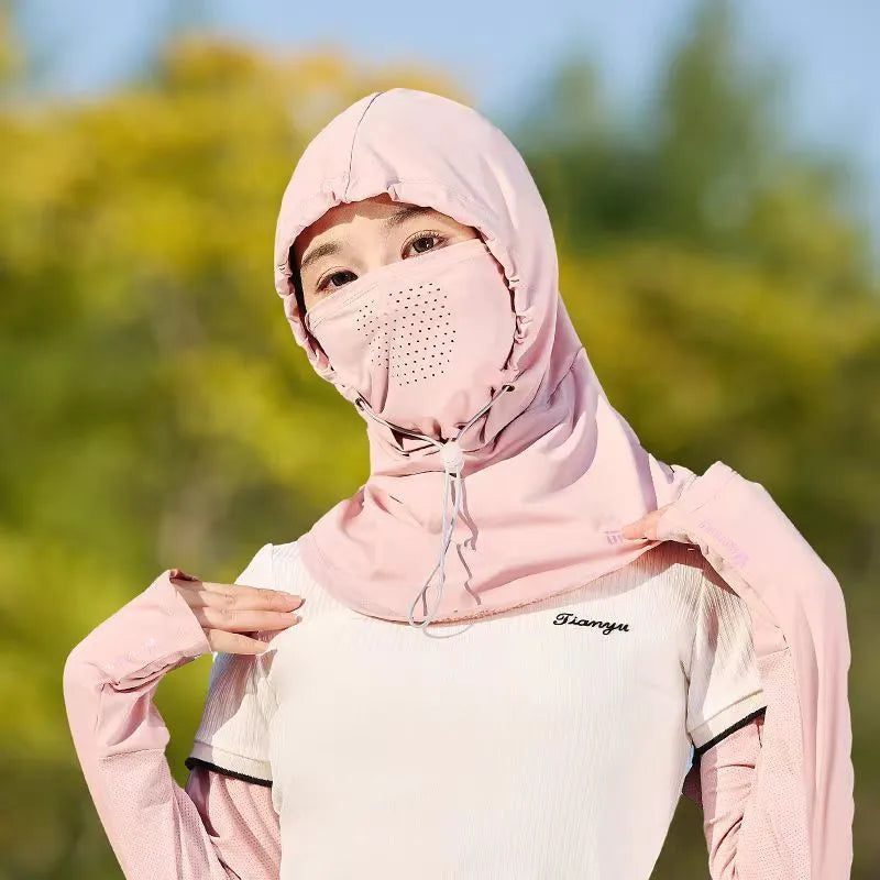 Sun protection ice silk hat scarf neck mask in black, ear-hanging bandana style with nylon fabric