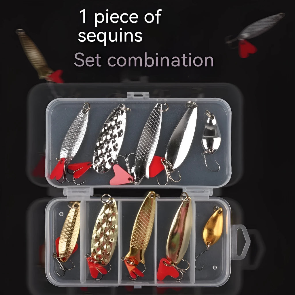 Pineapple Sequin Box containing gold and silver metal sequins for fishing lure building.