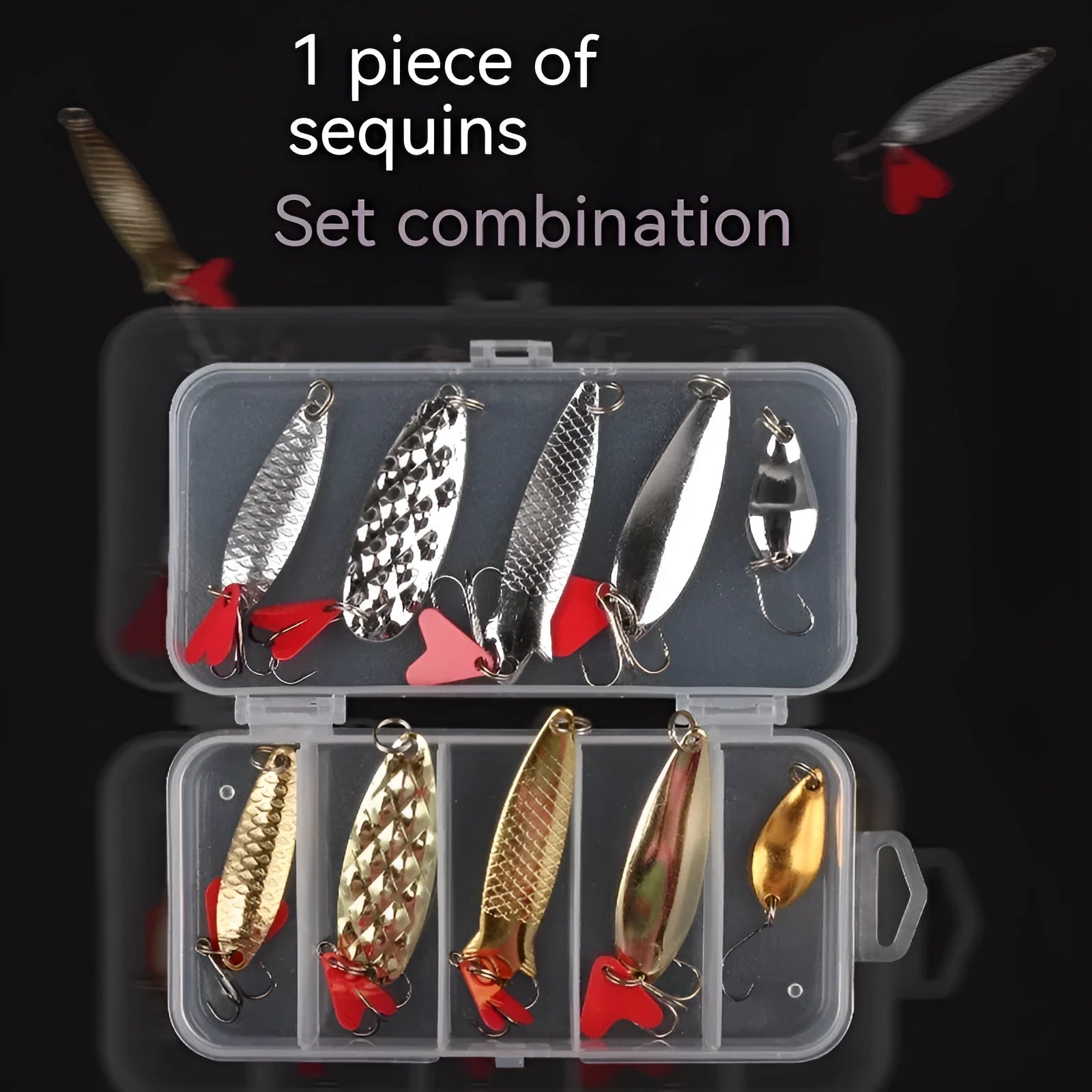 Pineapple Sequin Box containing gold and silver metal sequins for fishing lure building.