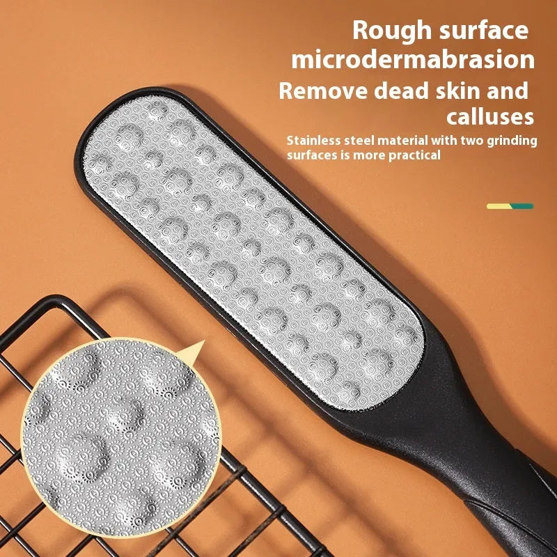 Stainless steel foot grinder with double-sided sandpaper file for pedicure and callus removal.
