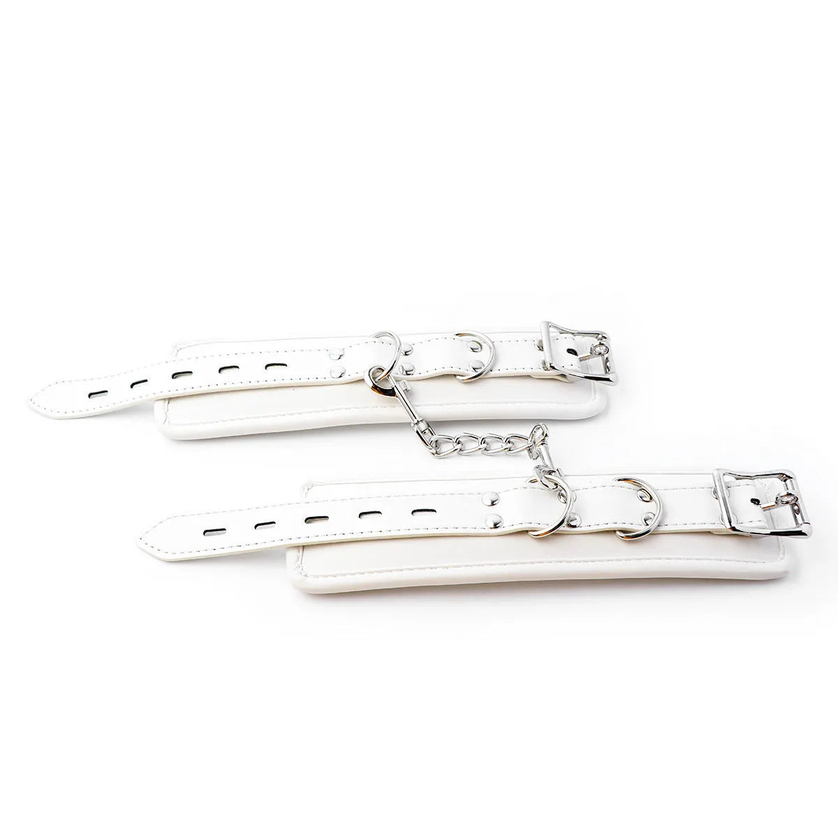 White PU sponge bondage set showing handcuffs, ankle cuffs, and a neck cuff on a neutral background.
