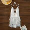 White one-piece swimsuit with deep V-neckline and tassel detail on a brief-cut, sleeveless design.