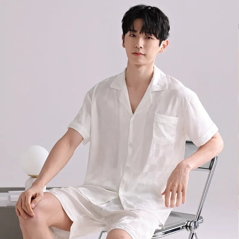 Men's lightweight ice silk pajama set in cardigan style with shorts and satin jacquard patterns