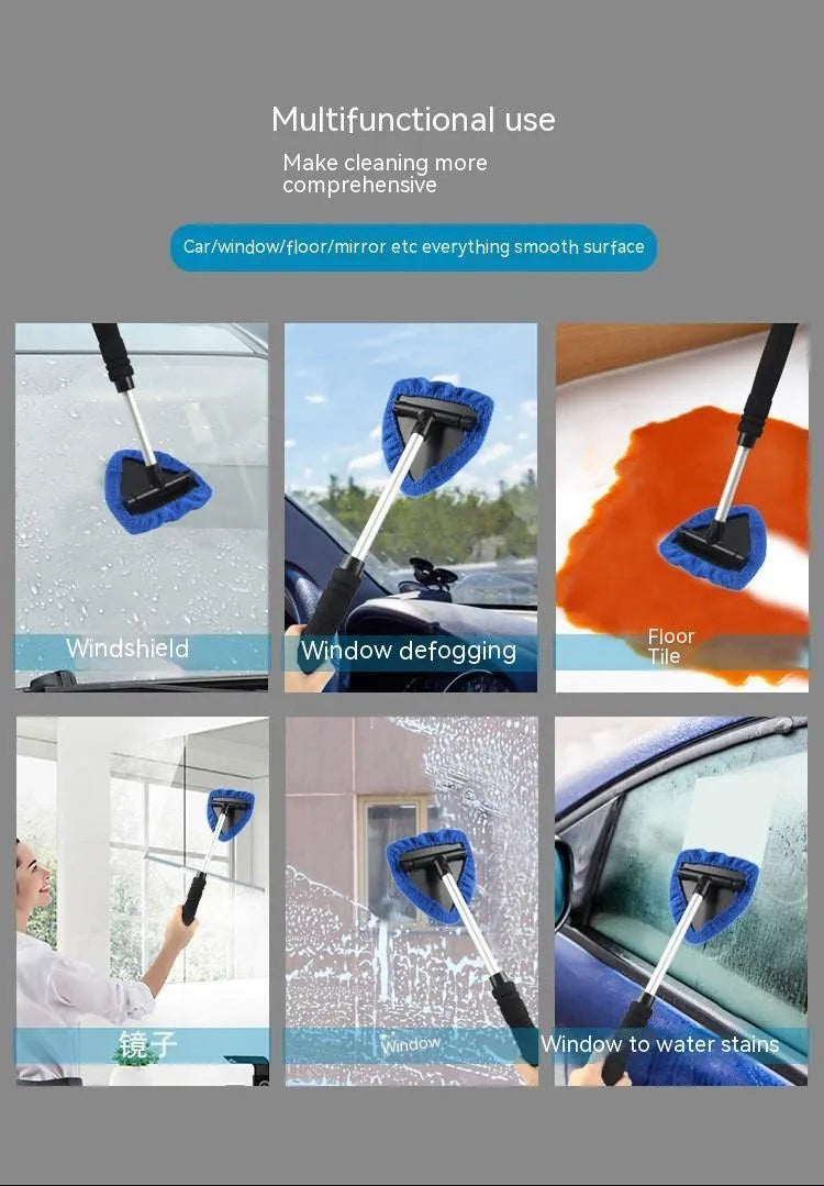 A plastic car windscreen cleaning brush with a long handle, shown in red, green, and blue colour options.