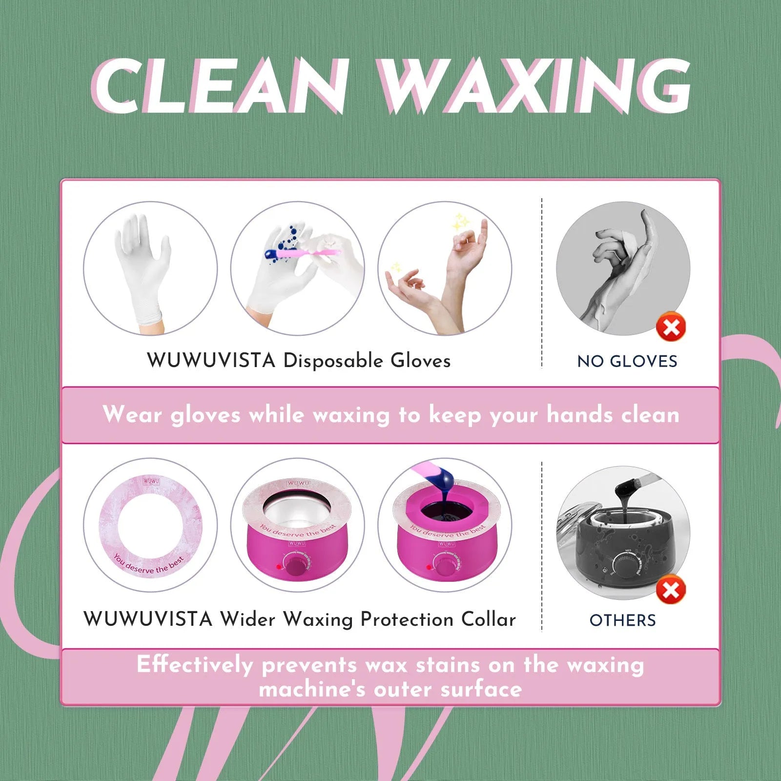 WUWUVISTA hard wax hair removal kit with pink wax warmer, coloured wax beads, applicators, and aftercare products
