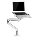 Silver aluminium laptop stand with adjustable air pressure arm on wooden desk