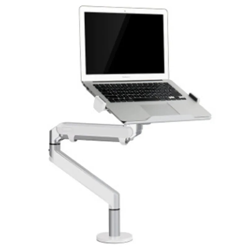 Silver aluminium laptop stand with adjustable air pressure arm on wooden desk
