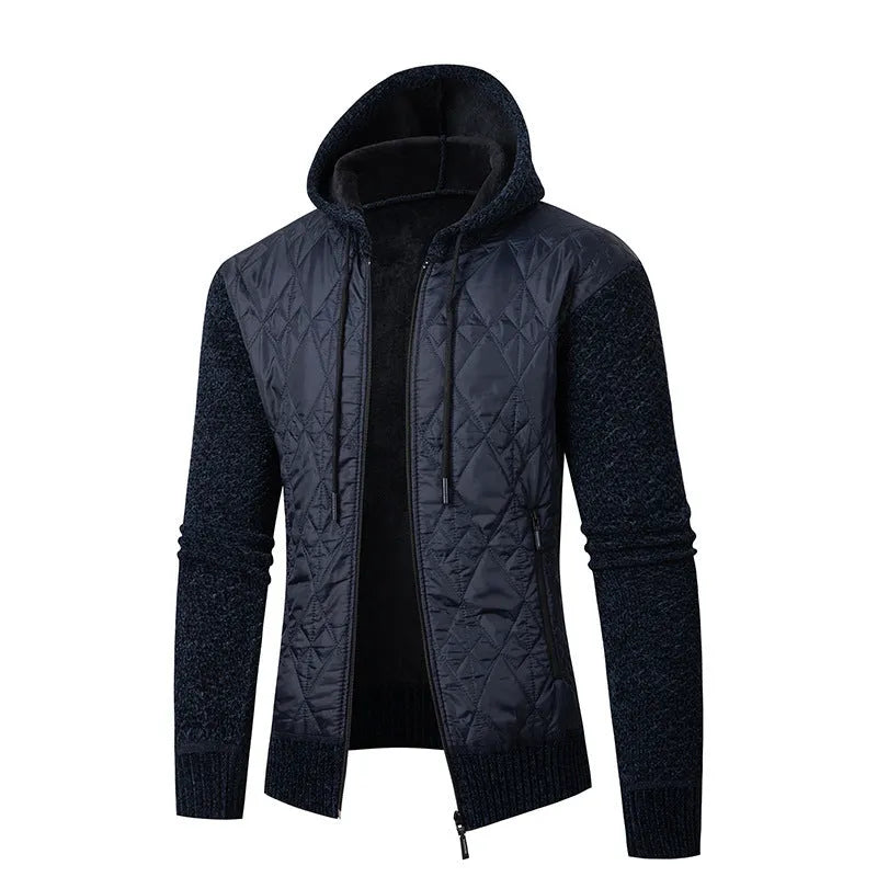 A grey men's hooded cardigan coat in wool and corduroy fabric with a cinched waist.