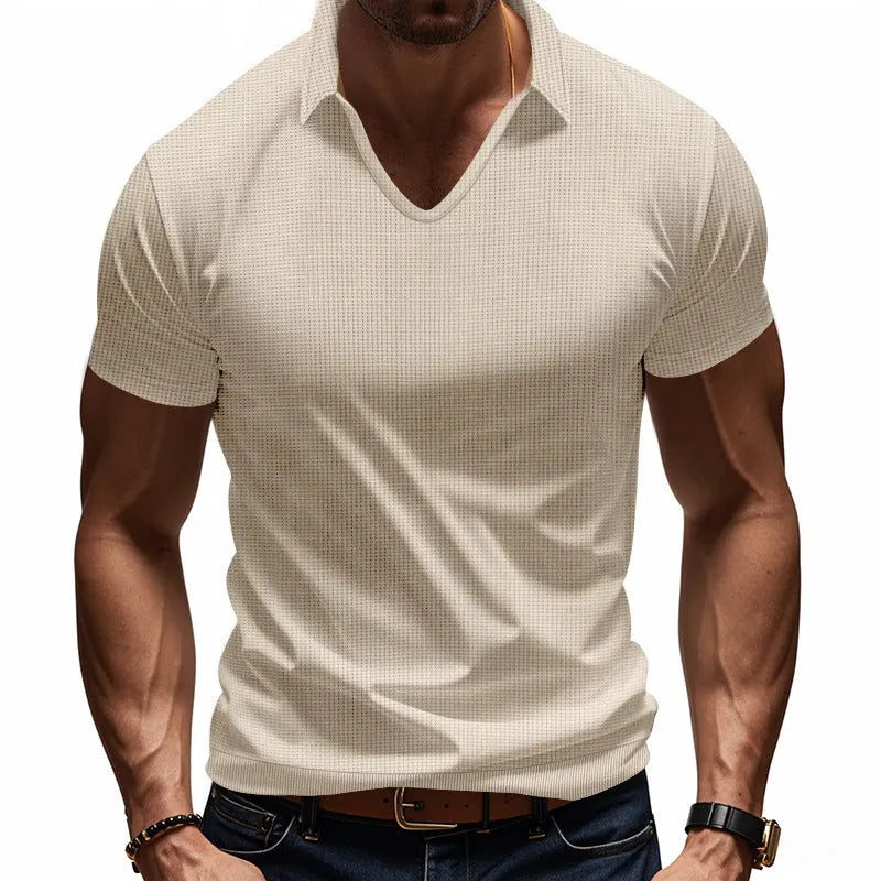 Men's loose fit V-neck short sleeve t-shirt in cotton blend fabric shown in multiple colour options