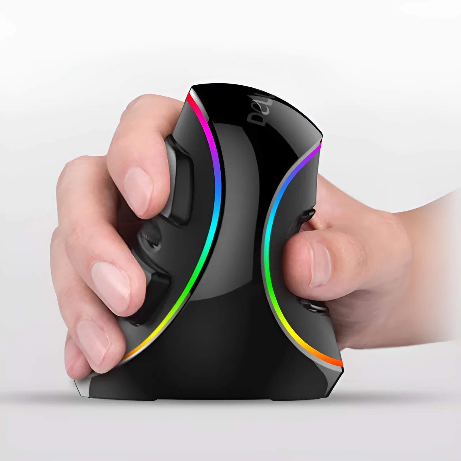 Vertical snail-shaped ergonomic computer mouse with RGB lighting, shown in Symphony style variant.