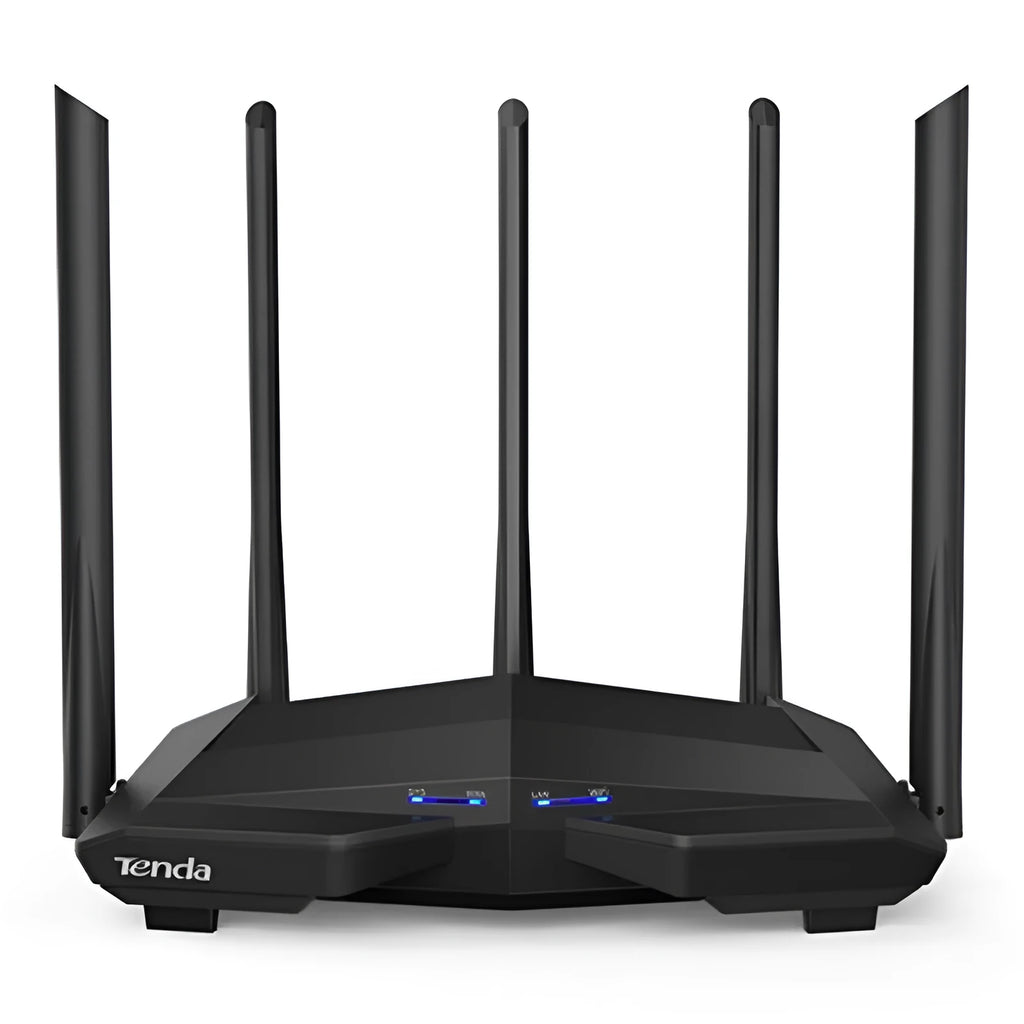Black AC11 Gigabit wireless router with four Ethernet ports and compact design