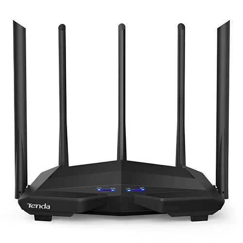 Black AC11 Gigabit wireless router with four Ethernet ports and compact design