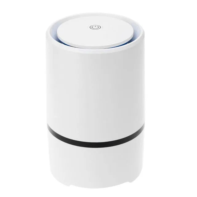 White USB desktop air freshener with anion generator, 125mm diameter, 194mm height, on desk with USB cable