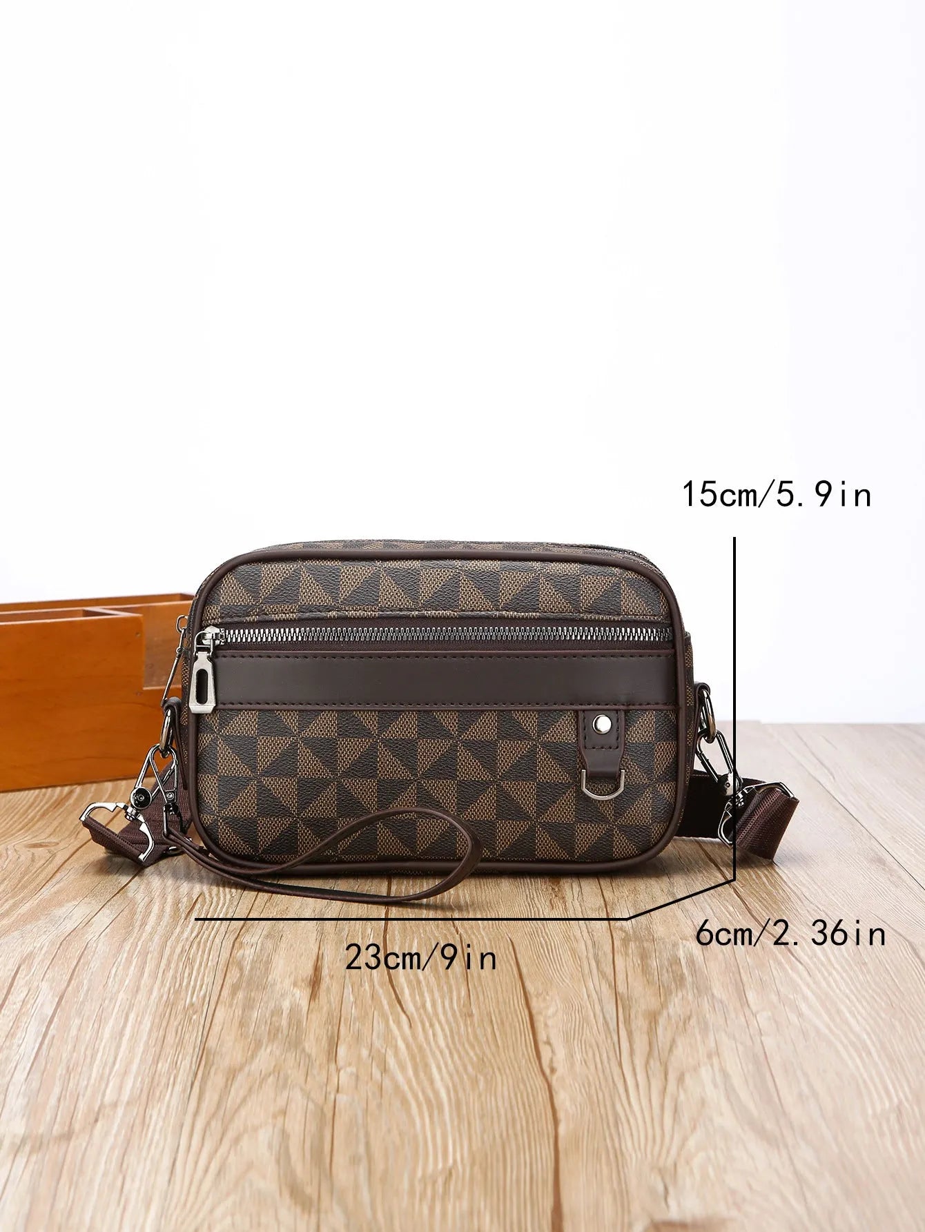 Men's black geometric pattern PU messenger bag with a shoulder strap, shown horizontally.