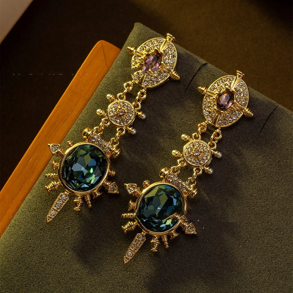 Gold retro geometric stud earrings with diamond-treated alloy construction