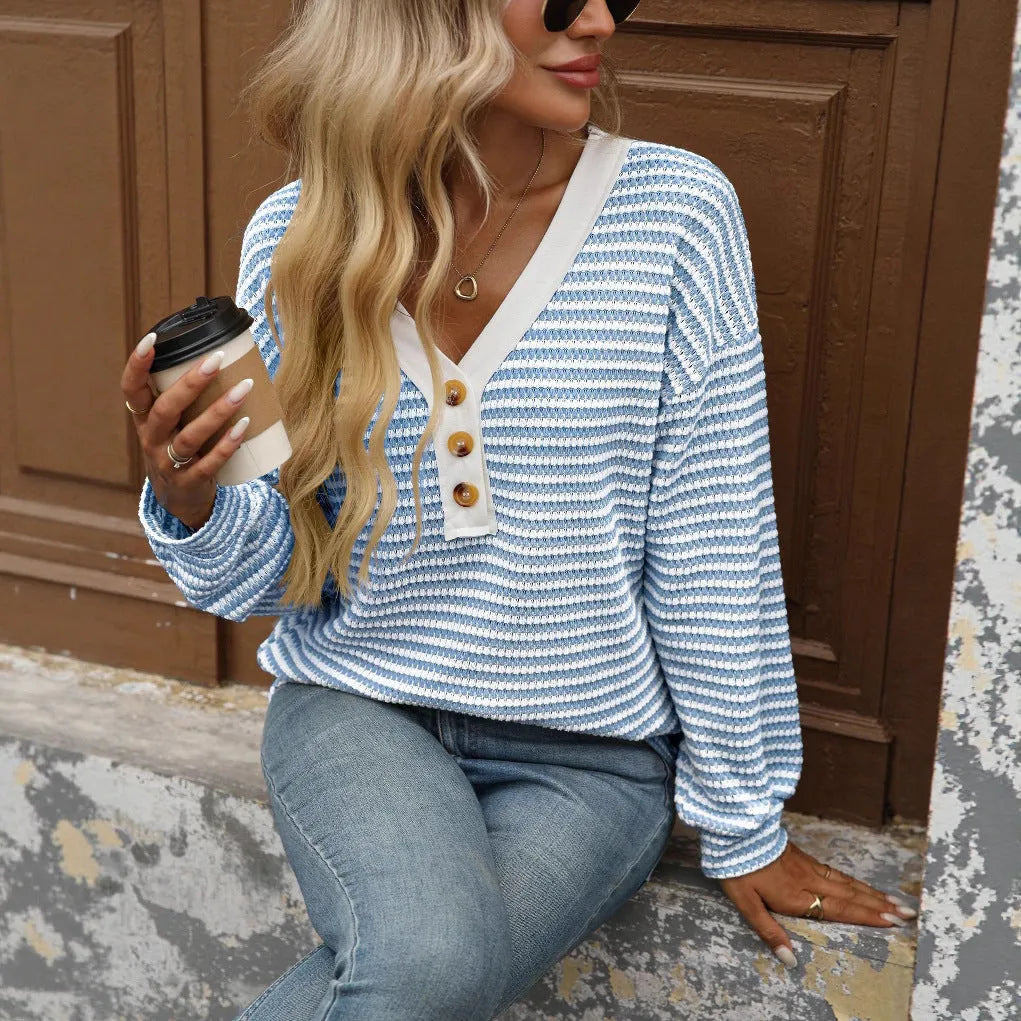 Women's loose-fit V-neck pullover top with patchwork design in polyester fabric