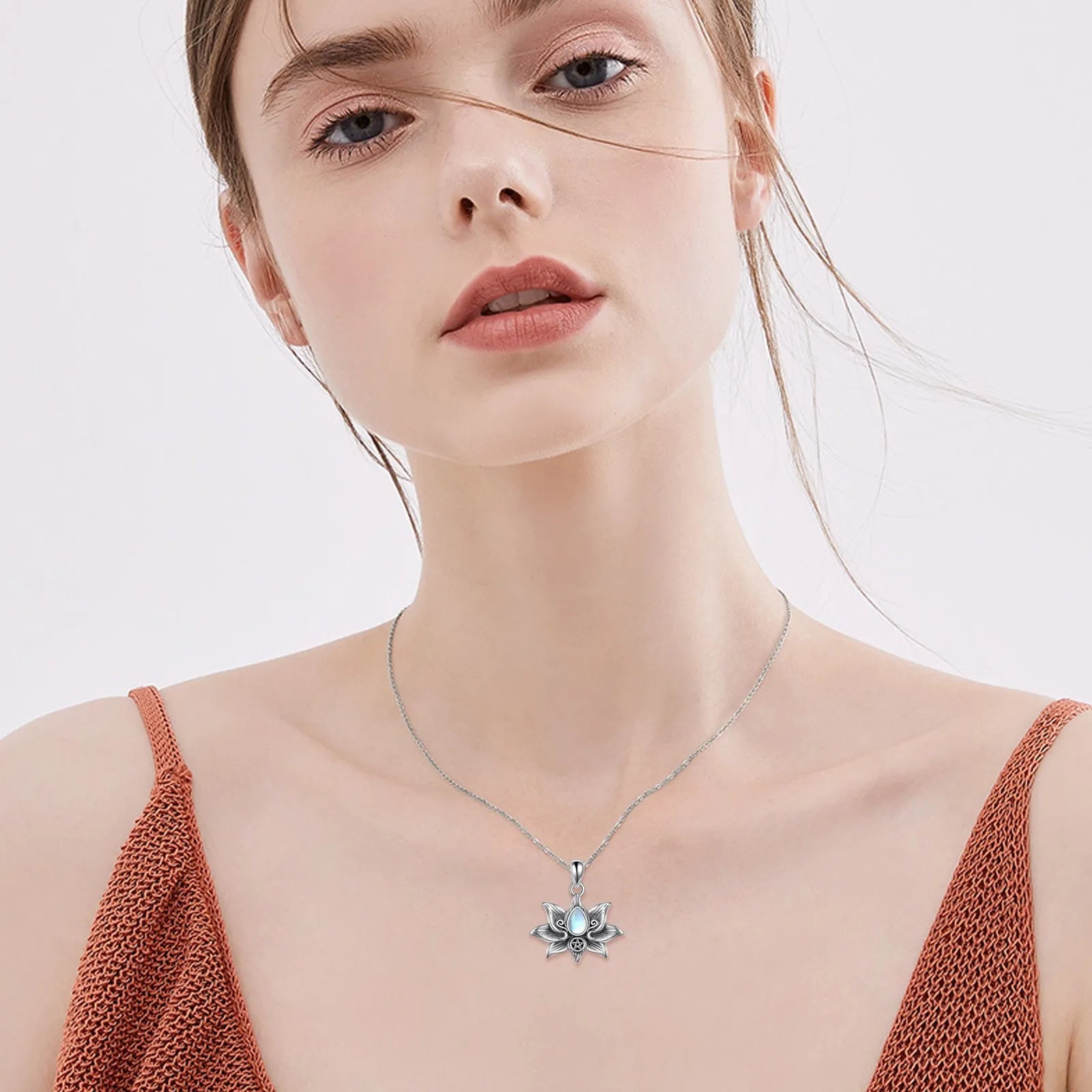 Sterling silver moonstone lotus flower pendant necklace, retro silver finish, teardrop moonstone, calendered O-chain