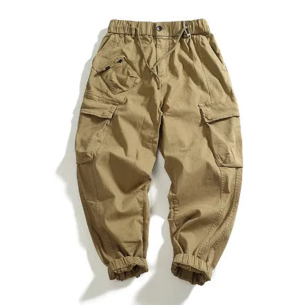 Men's multi-pocket stretch cargo casual pants in khaki, mid-waist ankle-tied style, worn-looking woven fabric