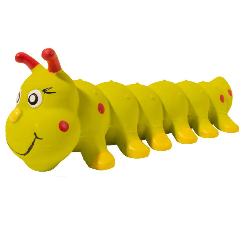 Yellow rubber caterpillar-shaped dog toy with squeaker for small to medium dogs.