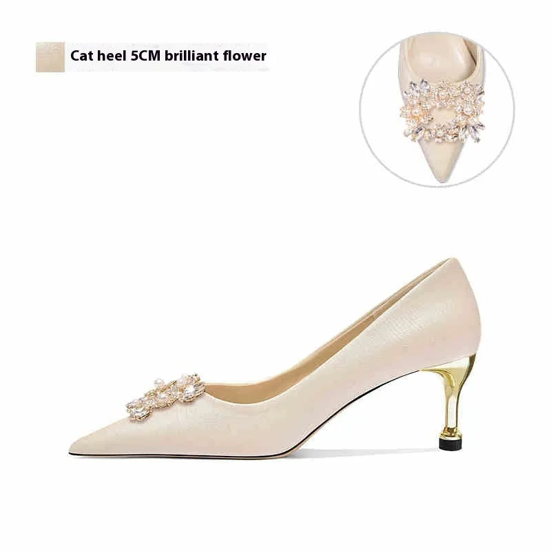 French-style crystal bridal high heels with rhinestones on a cloth upper, available in stiletto or cat heel.