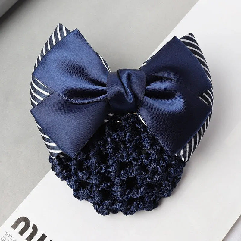 Professional hair clip headdress with flower bow net pocket in multiple colour variations