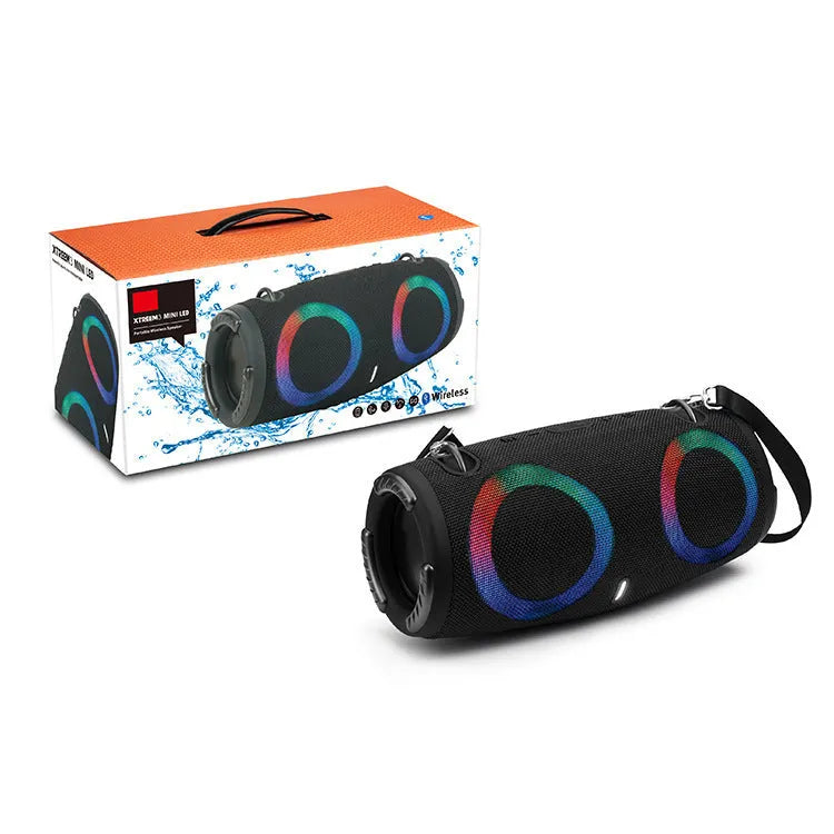 War Drum portable Bluetooth speaker with RGB coloured lights in multiple colour options on a strap.