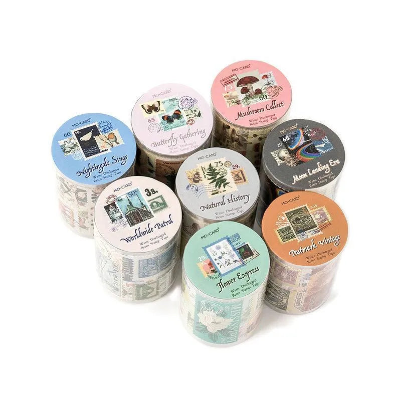 Roll of retro-patterned coated paper stamp stickers for DIY journal decoration, 55mm wide