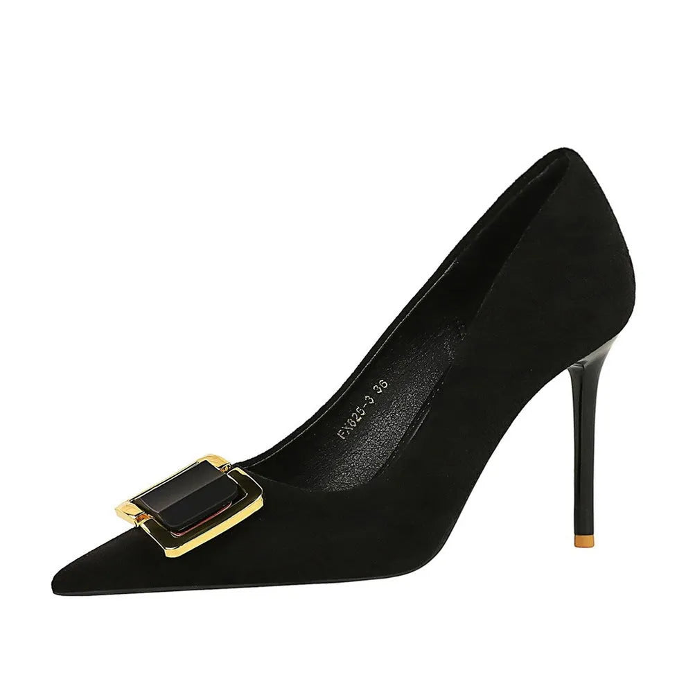 Black suede women's stiletto high heels with a pointed toe and a 9cm rubber sole.