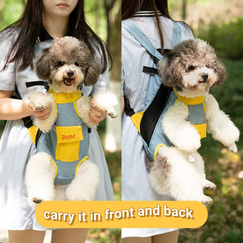 Front-carry pet sling bag with breathable mesh panels and adjustable shoulder strap in blue and yellow colour combination