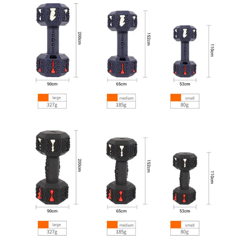 Durable black and blue rubber dumbbell dog chew toy for aggressive chewers on a white background.